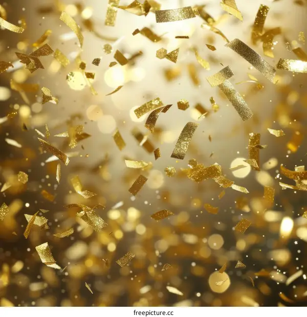 Gold confetti falling on a shiny gold background