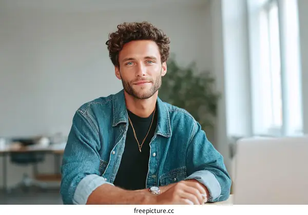 Confident Caucasian Male in Casual Denim Shirt