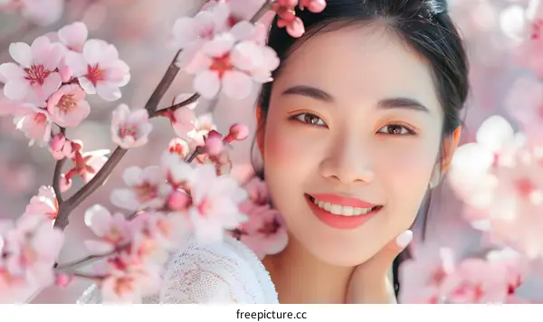 Smiling Woman Posing Near Blooming Flowers