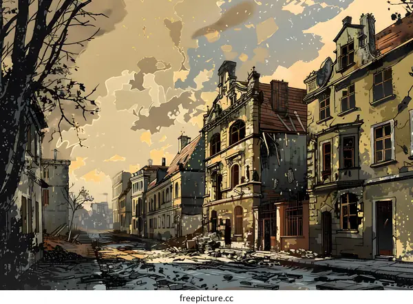 Destroyed Buildings in a Cityscape Illustration