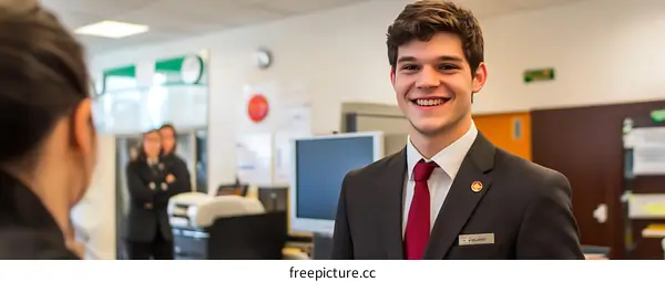 Smiling Man in Suit, Working at a Hotel Reception