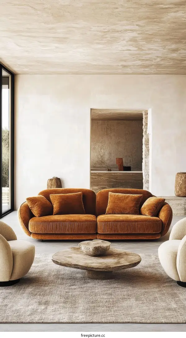 Modern Living Room Interior Design with Ochre Sofa and Coffee Table