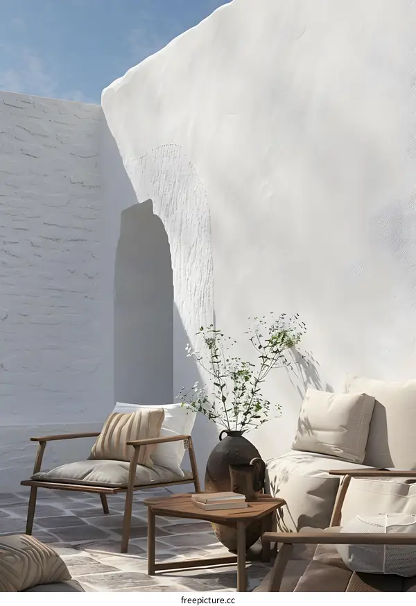 White Wall Patio With Cushioned Chairs And Table