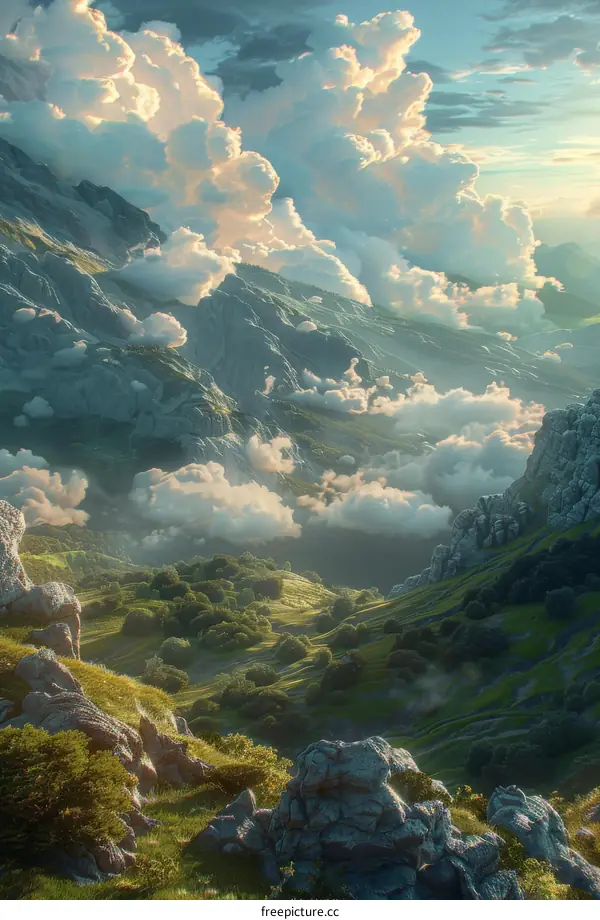 Fantastic Mountain Valley Landscape with Dramatic Clouds