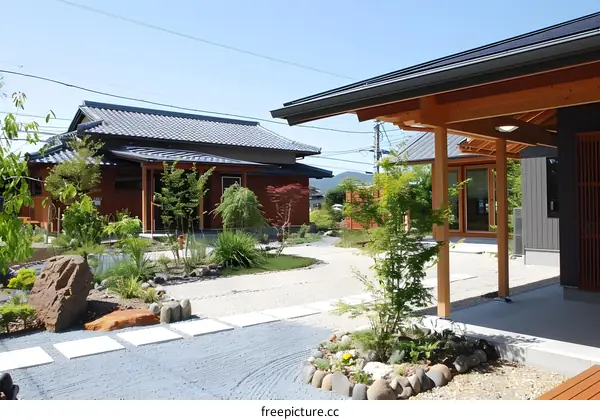 Japanese Style Garden With Gravel Pathway And Stone Lanterns