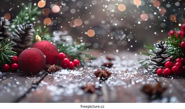 Christmas background with red ball, pine cones and snow