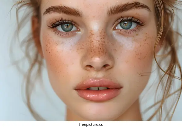 Close-up portrait of a beautiful young woman with freckles