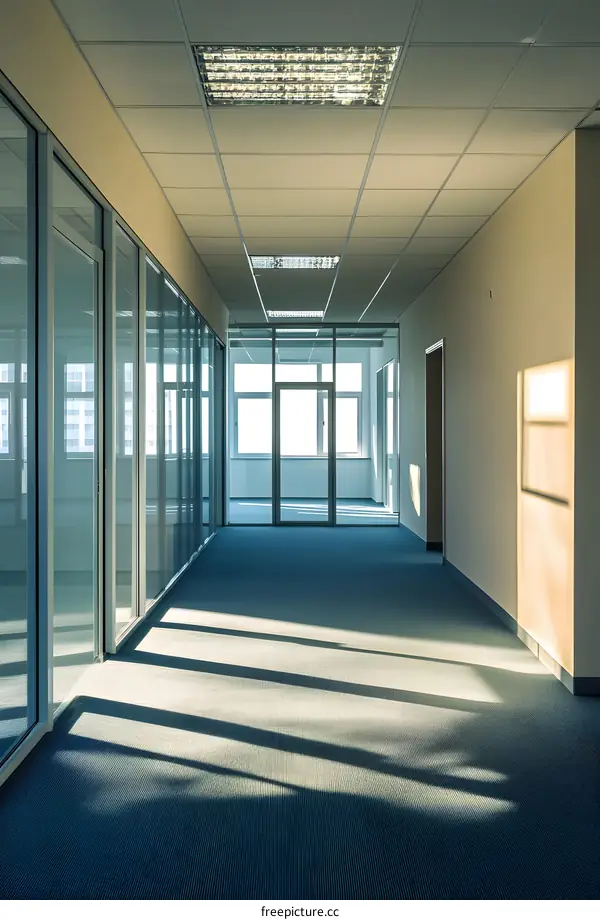Empty Office Corridor with Sunlight Streaming Through Windows