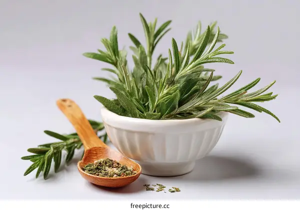 Fresh Rosemary and Herbs in a White Bowl