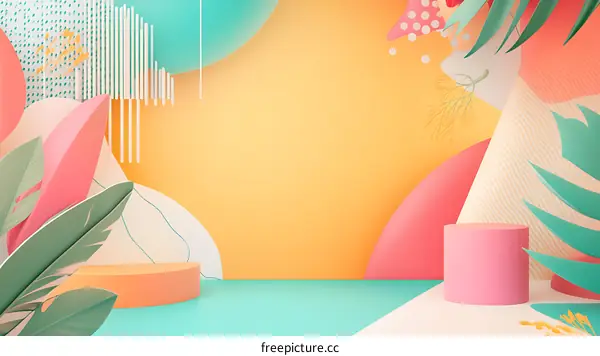 Abstract Summer Background With Tropical Leaves And Colorful Shapes