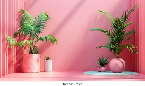 Pink Room Scene with Tropical Plants