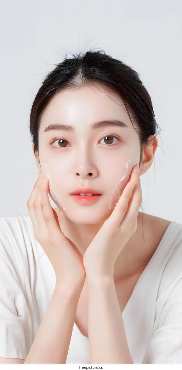 Beautiful Asian Woman Applying Face Cream