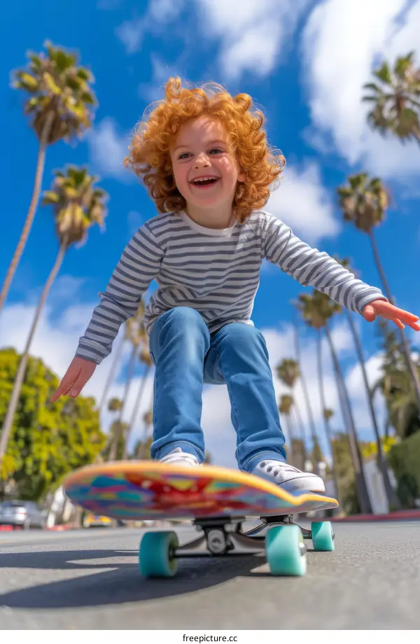 Young redheaded boy skateboarding down a palm tree lined street