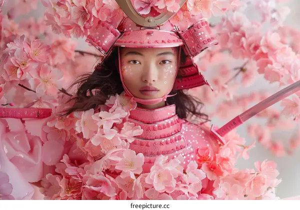 Young Woman in Pink Samurai Armor with Cherry Blossoms