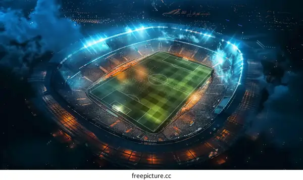 Aerial view of a soccer stadium at night during a match