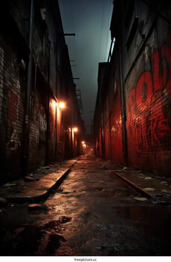 A dark and narrow alleyway with graffiti on the walls