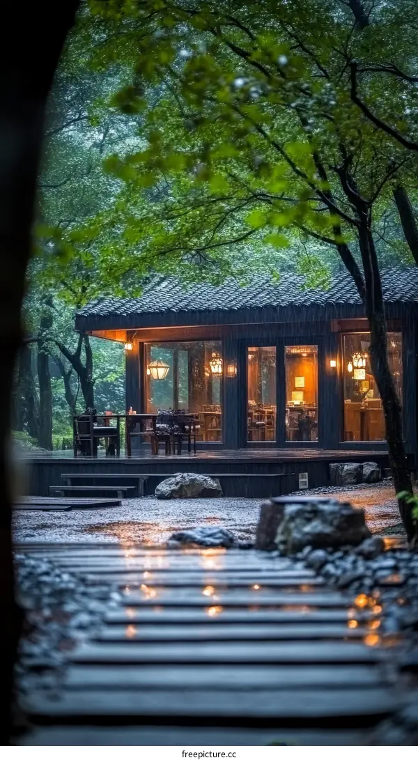 Rainy Evening at a Wooden Tea House