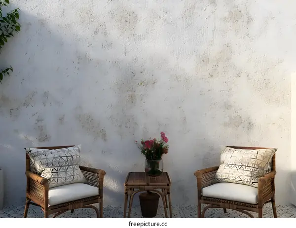 Minimalist Patio With Two Wicker Chairs And A Table