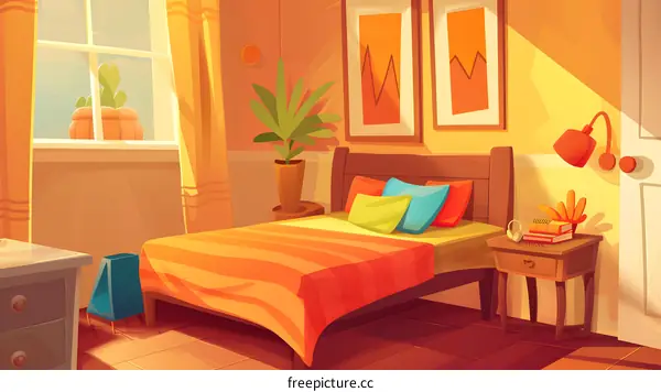 Cartoon Illustration Of Cozy Bedroom With Bed And Nightstand