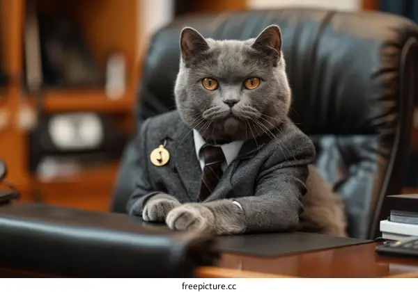 A gray cat wearing a suit and tie sits in an office chair and looks at the camera