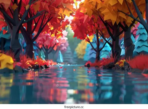 Colorful Low Poly Forest with a River