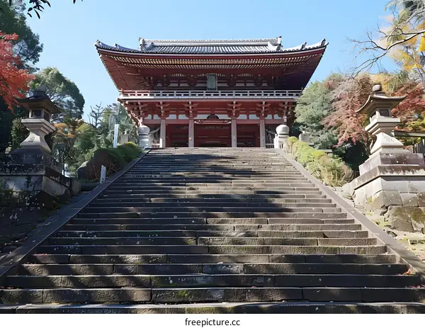 A long stone staircase leading up to a Buddhist temple with a large red gate
