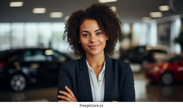 Confident young African American car saleswoman standing in showroom with arms crossed