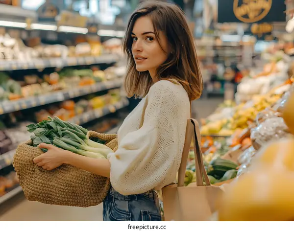 Young Woman Shopping for Vegetables in a Grocery Store