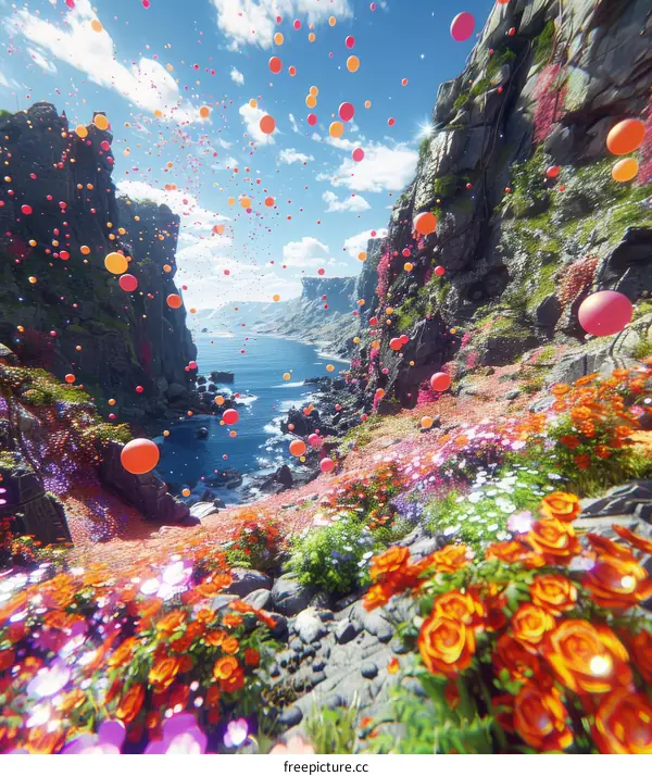 Vivid Valley of Flowers and Balloons