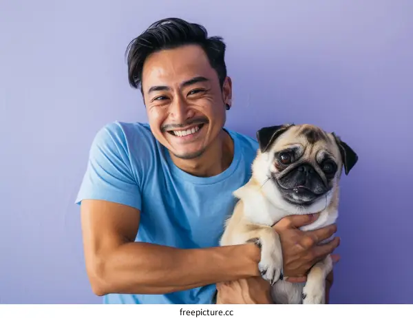 Portrait of a happy Asian man with his pug dog