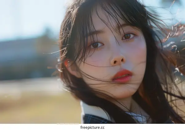 Portrait of a young Asian woman with long black hair blowing in the wind