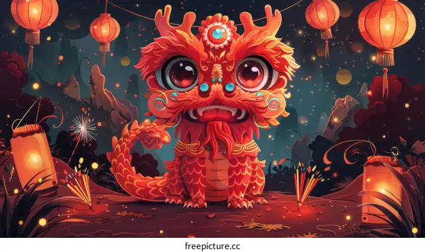 Cute Cartoon Dragon with Red Lanterns and Fireworks
