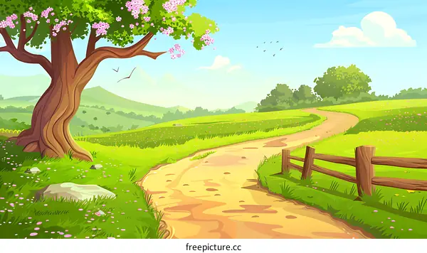 Spring Landscape with Winding Path and Blooming Tree