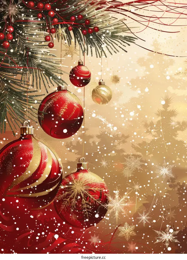 Christmas Ornaments Dangle from a Snowy Branch