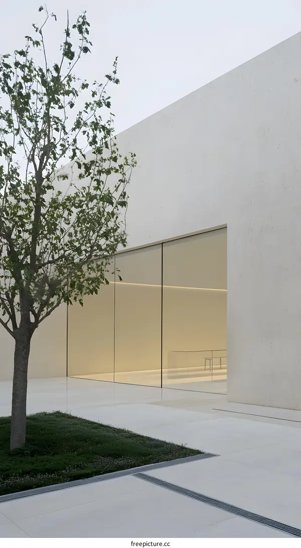 Minimalist Concrete Building with Large Glass Windows and a Small Tree