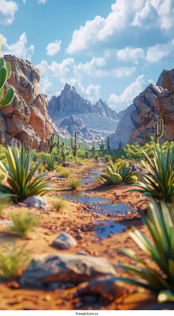 Arid Desert Landscape with Cacti and Mountains
