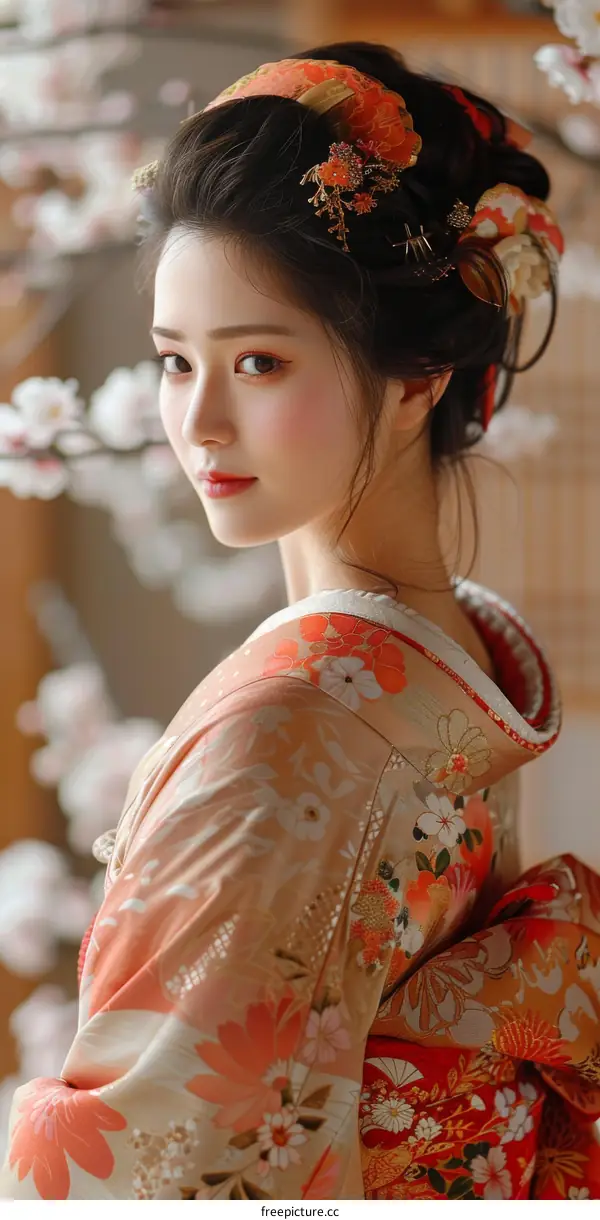 Portrait of a beautiful Japanese woman in traditional kimono