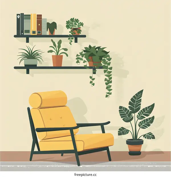 Yellow Armchair with Plants and Bookshelf in Living Room Interior