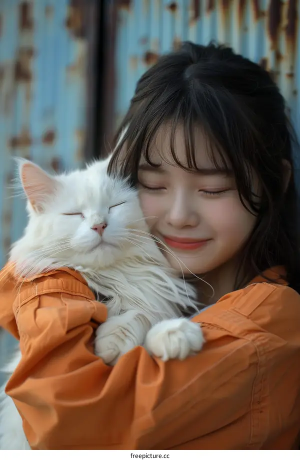 A young woman is hugging a white cat