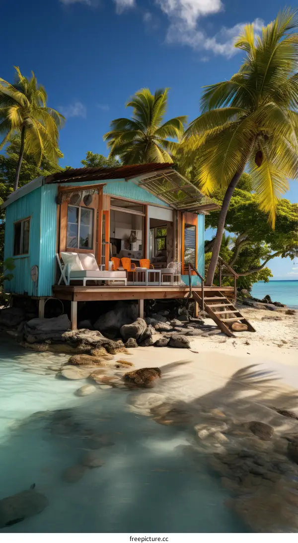 Beach hut on a tropical island with palm trees and white sand