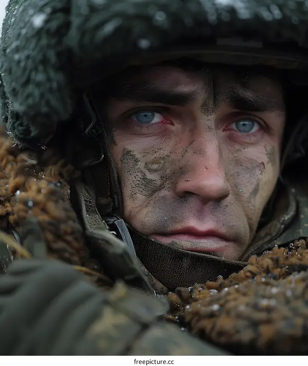 Portrait of a Russian soldier in winter camouflage