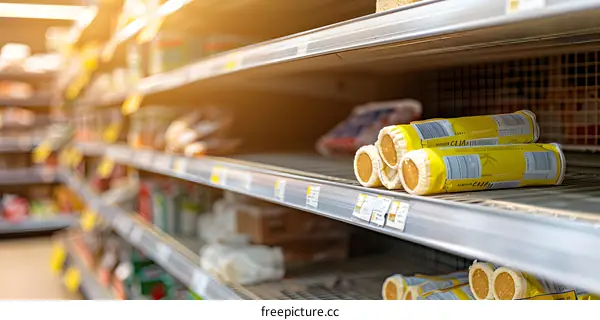 Empty Supermarket Shelf With Few Remaining Items