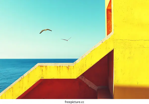 Yellow Stairs And Seagull Against Blue Sky