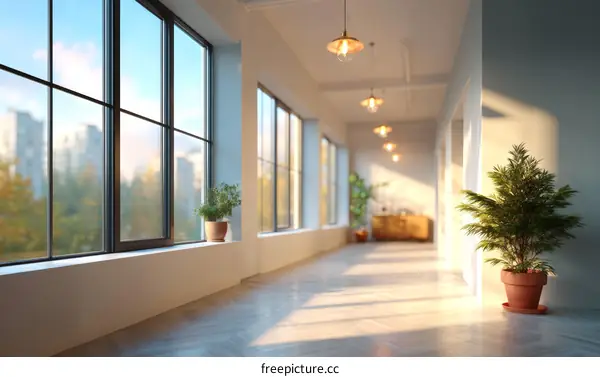 Modern Minimalist Office Corridor with Sunlight