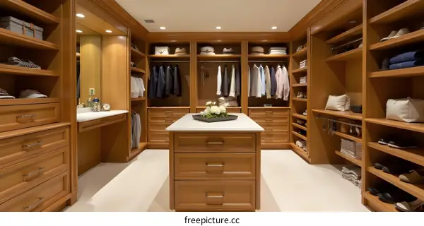 Modern Walk in Closet With Wooden Shelving And Drawers