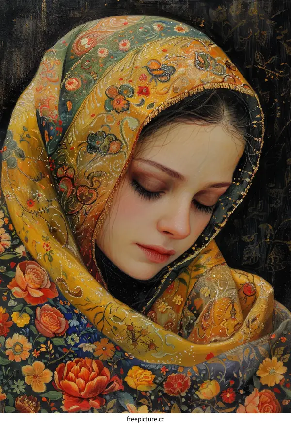 Portrait of a young woman in a golden headscarf