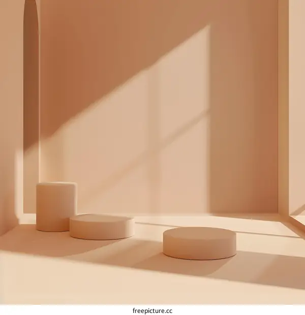 Minimalist 3D Render Of Three Brown Cylindrical Platforms In A Room With Sunlight