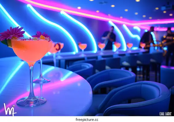 Blue and pink neon bar with没人 people