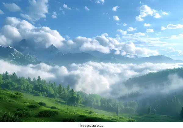 Green Grassy Hillside Overlooking Mountain Peaks