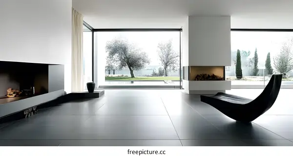 Modern Home Interior Design with Minimalist Fireplace and Large Window